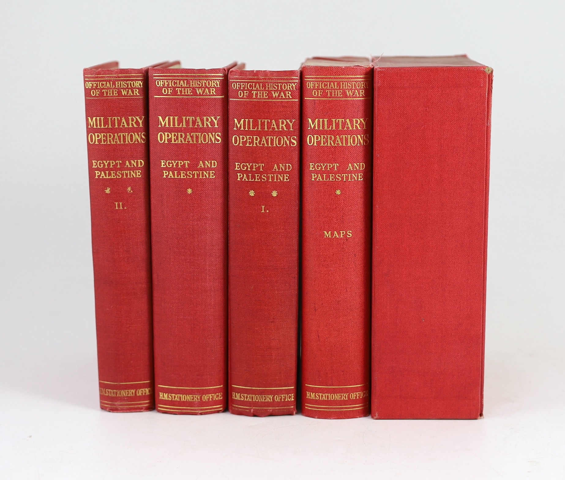 MacMunn, George Fletcher, Sir and Falls, Cyril, Military Operations Egypt & Palestine, 3 vols and 2 cloth drop-front boxes, 8vo, original red cloth, with 38 folded maps, sketches and photographs, HMSO, London, 1928-30